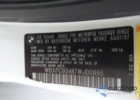 2007 BMW X3 3.0Si z USA, uszkodzony, nr VIN WBXPC93487WJ00995